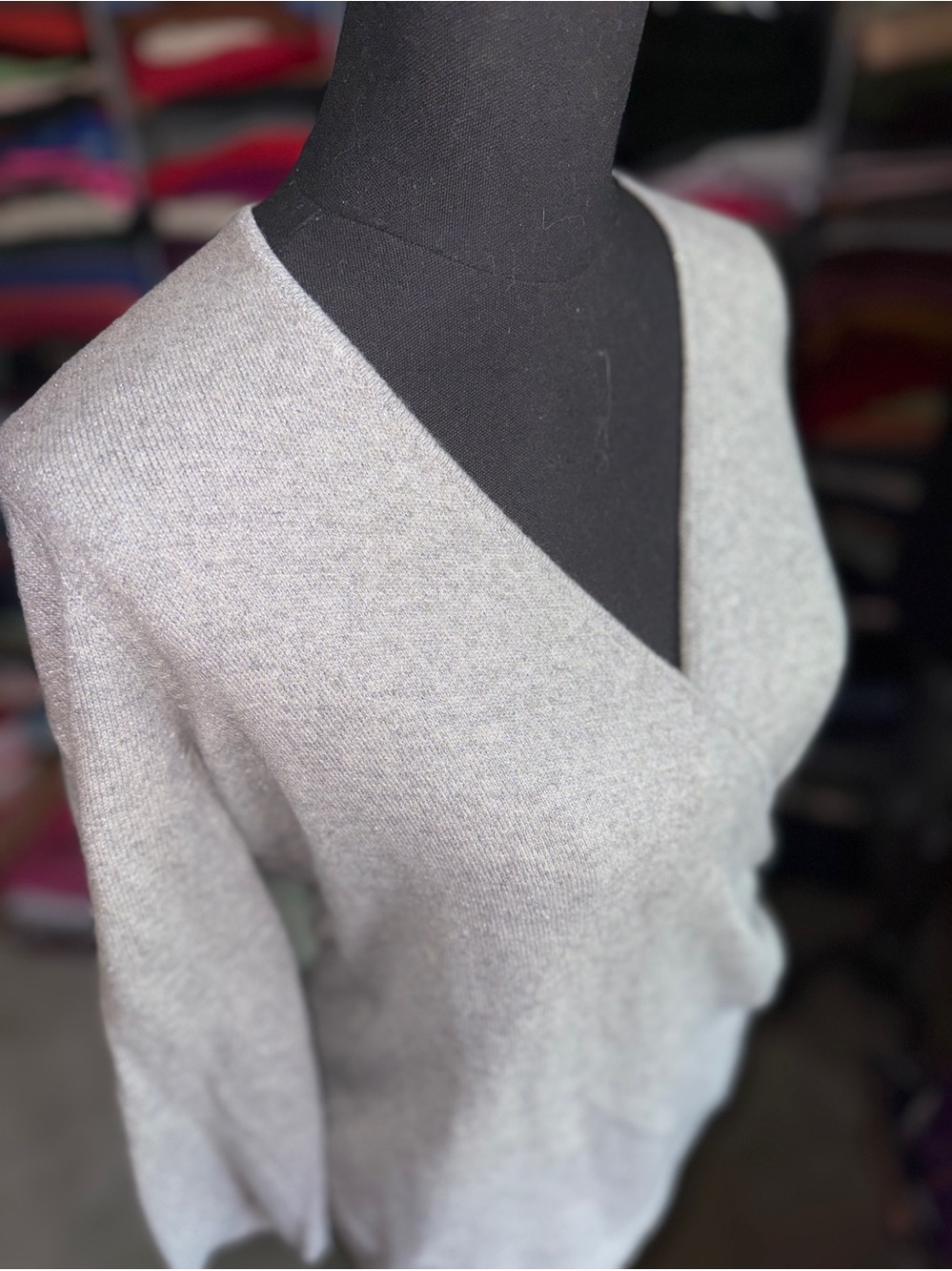 Light Gray Faux Wrap Women's Cashmere Blend Sweater With Metallic Thread Accents